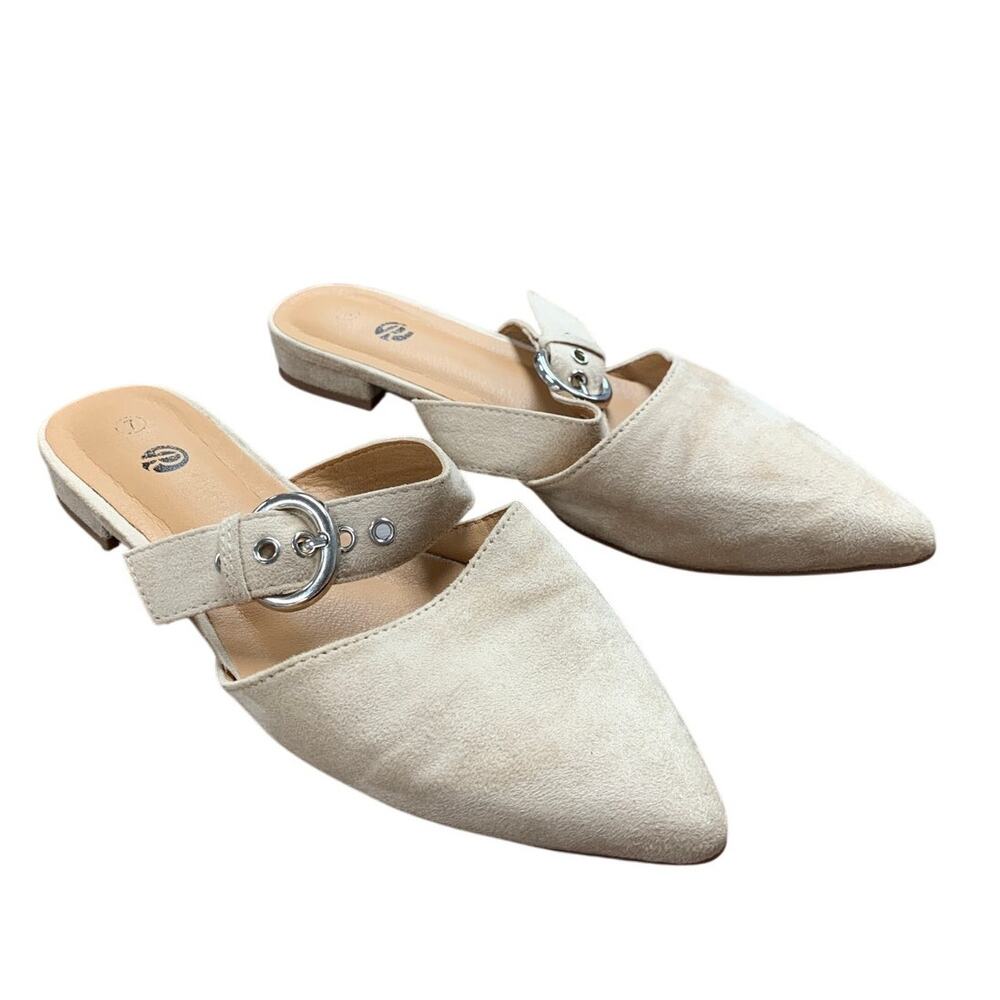 Rekayla Womens 7 Tan Faux Suede Closed Pointy Toe Mule Adjustable Strap Shoes